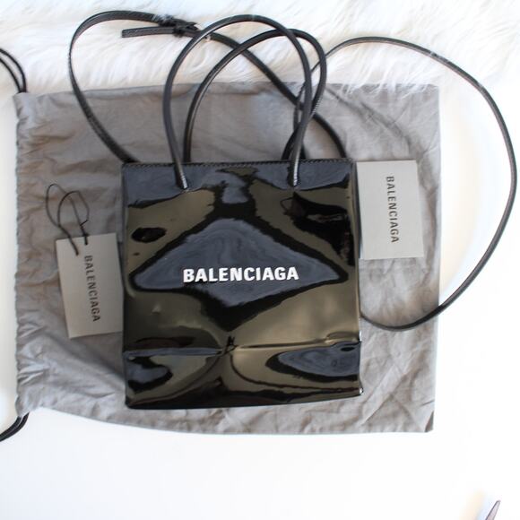Balenciaga Black Patent Leather XXS Shopping Tote Crossbody Bag New - Picture 7 of 14